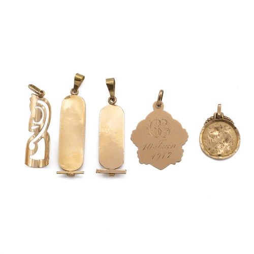 234 - Five assorted pendants including one dated June 1917, total weight 8.3g, all unmarked but tested as ... 