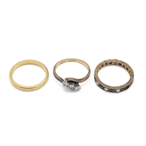 240 - Various gold jewellery to include a 22ct gold wedding band, 3.42g, 18ct gold and diamond three stone... 