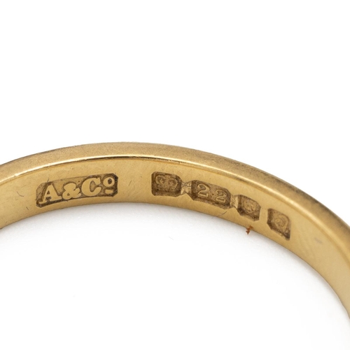 240 - Various gold jewellery to include a 22ct gold wedding band, 3.42g, 18ct gold and diamond three stone... 