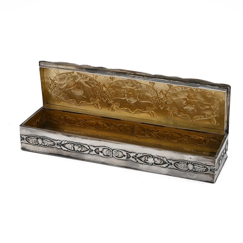 249 - Edwardian silver box, decorated with three cherubs and around a stylised border, the side panels dec... 