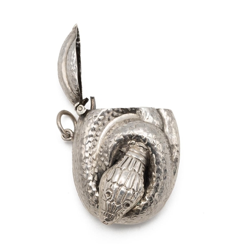 252 - Modern silver vesta case, in the form of a coiled snake, marked 925, 22g.