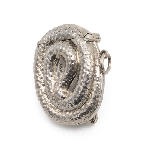 252 - Modern silver vesta case, in the form of a coiled snake, marked 925, 22g.