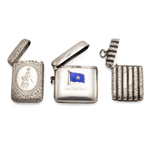 256 - George V silver vesta case, with enamel blue flag and engraved S.S. John Hunt, Sheffield 1925, Walke... 