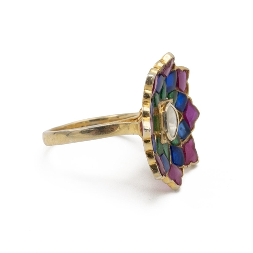 26 - Lasque cut diamond and cold enamel cluster ring, of flower head design, the gilded mount stamped ‘92... 