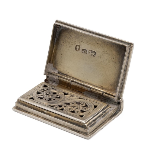 269 - Victorian novelty silver vinaigrette, in the form of a book with an engraved foliage hinged top and ... 