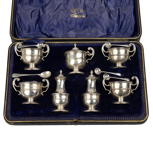 276 - Victorian silver cased seven-part cruet set, total weight 311g, Sheffield 1899, spoons various dates... 