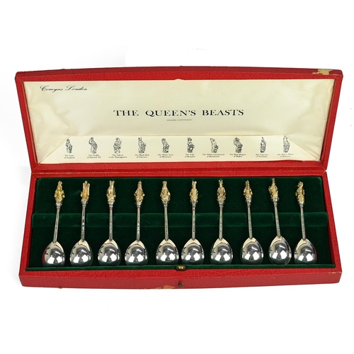 277 - A cased set of Elizabeth II silver gilt 'Queen's Beasts' spoons by James Woodford, 1972, no. 1345 ou... 