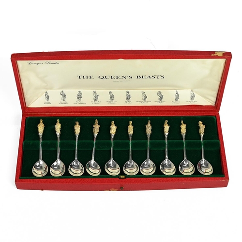 277 - A cased set of Elizabeth II silver gilt 'Queen's Beasts' spoons by James Woodford, 1972, no. 1345 ou... 