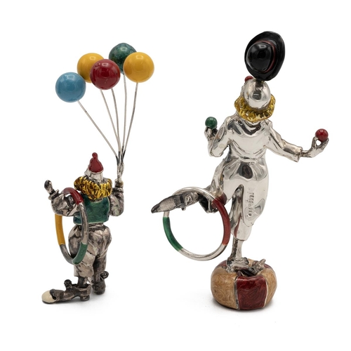 291 - Italian Sorini silver and enamel clown holding a bunch of balloons, along with one other Sorini mode... 