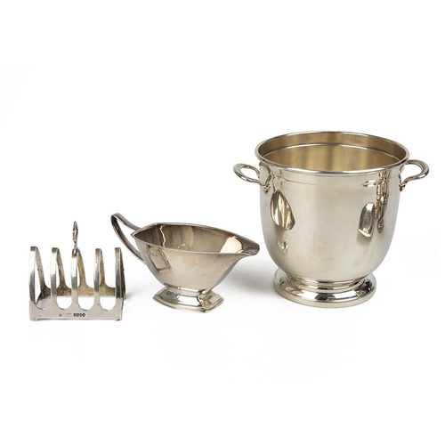 300 - Miscellaneous silver items to include a toast rack, sugar sifters, two-handled buckets and other ite... 