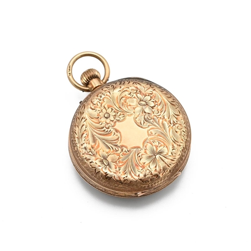 312 - 19th century Ladies 9ct gold small pocket watch. Engraved case with floral motifs and enamel dial wi... 