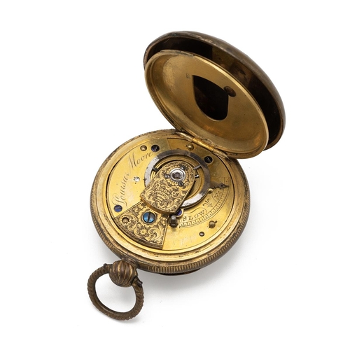 313 - Louisa Moore, mid 19th Century gilt brass pocket watch. Engraved movement cover, 43mm case, engine t... 