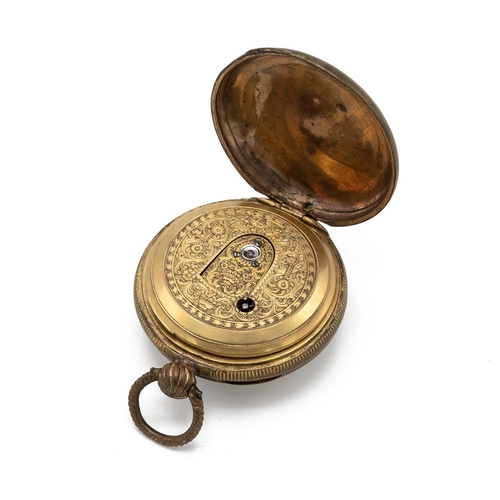 313 - Louisa Moore, mid 19th Century gilt brass pocket watch. Engraved movement cover, 43mm case, engine t... 