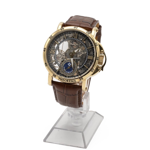 325 - Men's Theorema skeleton face wristwatch. Manual wind, 45mm gold plated case, 3ATM GM-101, brown leat... 