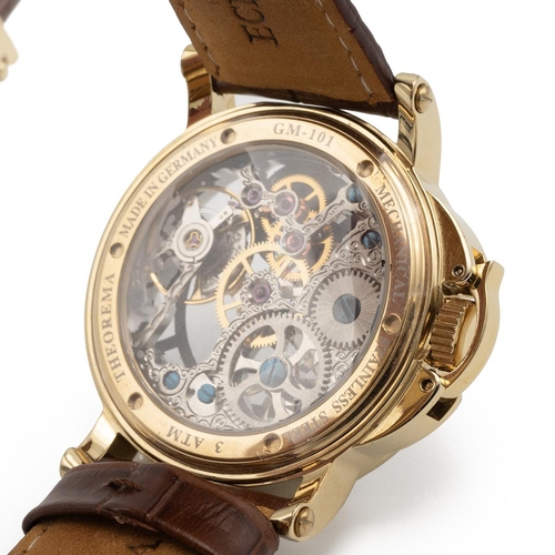 325 - Men's Theorema skeleton face wristwatch. Manual wind, 45mm gold plated case, 3ATM GM-101, brown leat... 