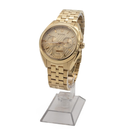 327 - Boxed as new Bulova 97A125 mens curv automatic chronograph watch. Yellow Gold plate case and strap w... 