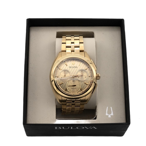 327 - Boxed as new Bulova 97A125 mens curv automatic chronograph watch. Yellow Gold plate case and strap w... 