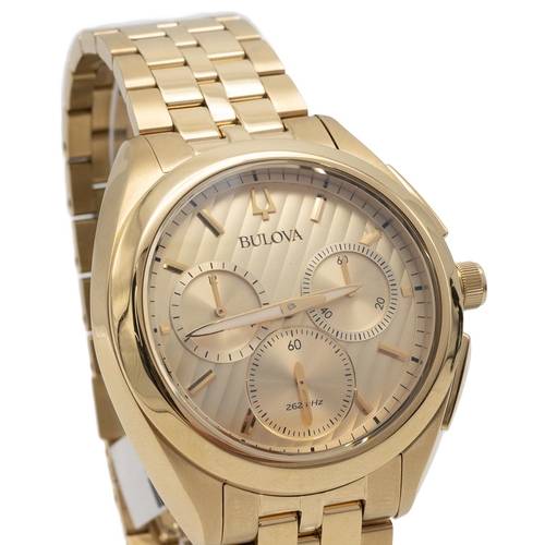 327 - Boxed as new Bulova 97A125 mens curv automatic chronograph watch. Yellow Gold plate case and strap w... 