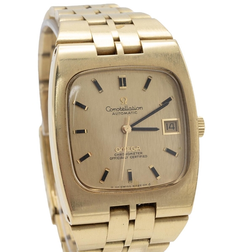 340 - 18ct yellow gold Omega Constellation automatic chronometer wristwatch. Champagne dial, black index h... 