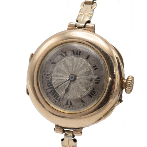 343 - Antique 9ct yellow gold lady's wrist watch. 26mm case, manual wind, 15 jewels, silver engine turned ... 