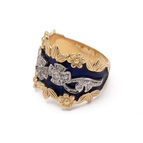 36 - A continental diamond and enamel ring, with indistinct marks to the outside of the shank, the diamon... 