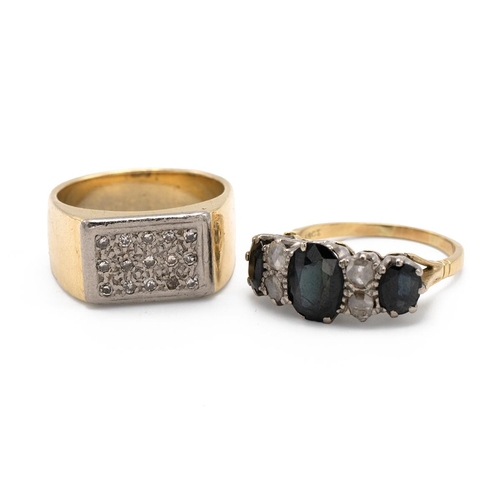 38 - A diamond set signet ring, set with fifteen single cuts, the mount stamped ‘18ct’; with a sapphire a... 