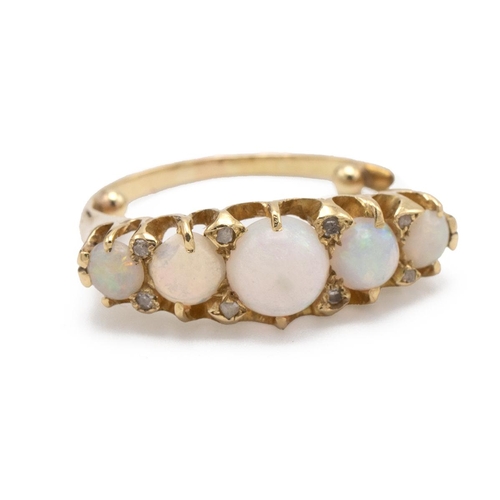 59 - Victorian five stone opal ring, set with eight smaller diamonds and mounted in a claw setting, finge... 