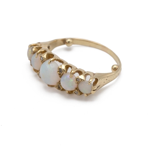 59 - Victorian five stone opal ring, set with eight smaller diamonds and mounted in a claw setting, finge... 