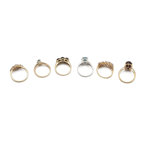 7 - Six modern 9ct gold rings, each set with various gemstones, various sizes and makers, total weight 1... 