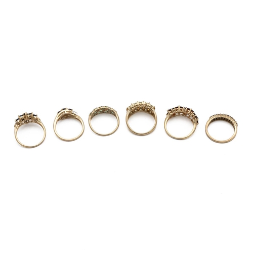 8 - Six modern 9ct gold gem set rings, various designs and makers, 16.61g.