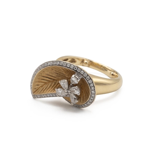 90 - 18ct gold, diamond set dress ring, the head of stylised leaf design set with a trim of small brillia... 