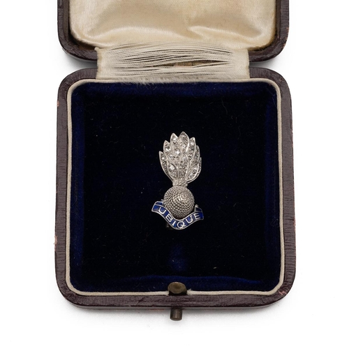 99 - A diamond and enamel Royal Artillery sweetheart brooch, white gold with palladium, tested as 9ct gol... 