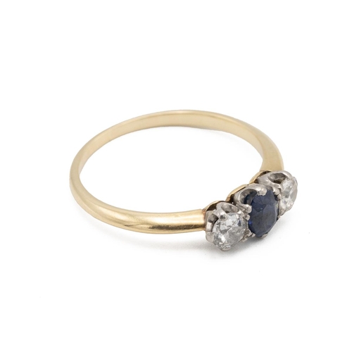 10 - Gold three-stone diamond and sapphire ring totalling approximately 0.5 carats, finger size Q, 2.49 g... 