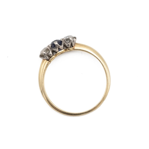 10 - Gold three-stone diamond and sapphire ring totalling approximately 0.5 carats, finger size Q, 2.49 g... 