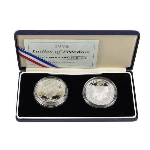 104 - 1998 Ladies Of Freedom UK and USA silver proof 1oz coin set including a 1998 1oz Britannia (958 silv... 