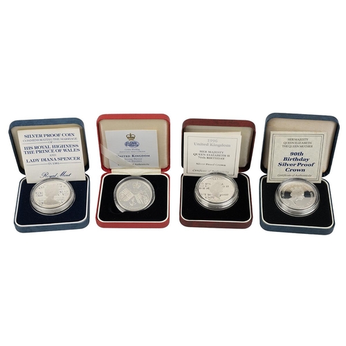 105 - Five (5) silver proof Royal Mint UK Crown coins (25p and £5), including 1981 Royal Wedding Charles a... 