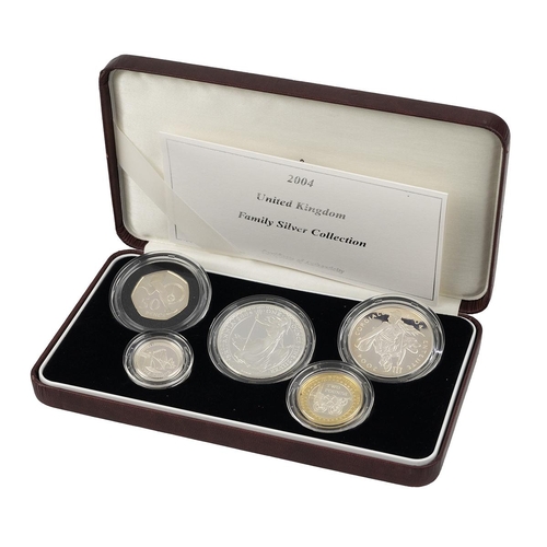 106 - 2004 Family Silver five-coin UK silver proof set from The Royal Mint, including a 1oz Britannia, an ... 