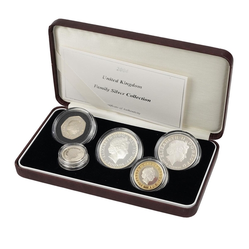 106 - 2004 Family Silver five-coin UK silver proof set from The Royal Mint, including a 1oz Britannia, an ... 