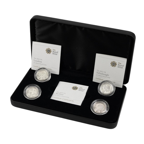 107 - 2010-2011 UK Capital Cities silver proof £1 four coin set from The Royal Mint, offered in the origin... 