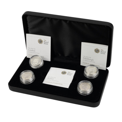 107 - 2010-2011 UK Capital Cities silver proof £1 four coin set from The Royal Mint, offered in the origin... 