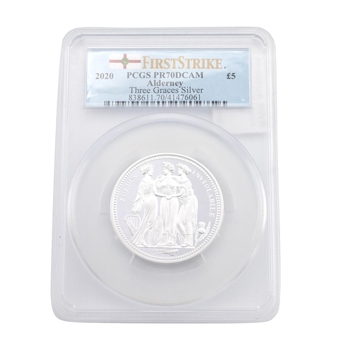 111 - 2020 Three Graces £5 silver proof 2oz Alderney collectors coin graded PR70DCAM by PCGS. 999 silver p... 