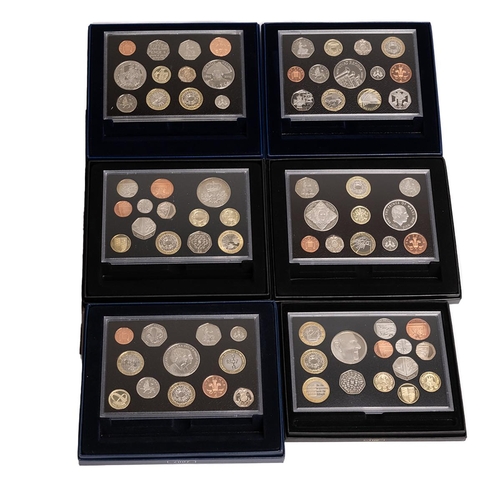 114 - Six (6) UK base metal proof annual sets from The Royal Mint, dated 2005, 2006, 2007, 2008, 2010 and ... 