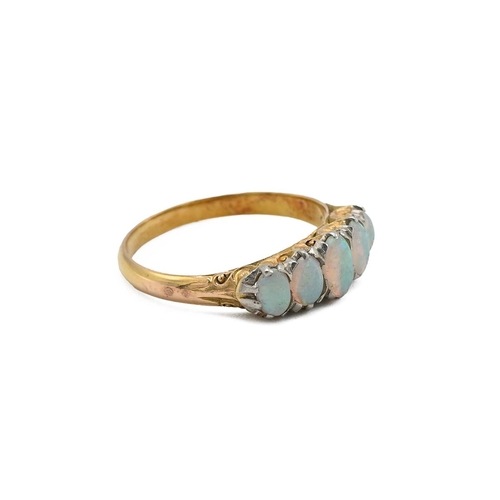 12 - Victorian gold five-stone opal ring, no hallmark visible, in a white metal setting, finger size O, 2... 