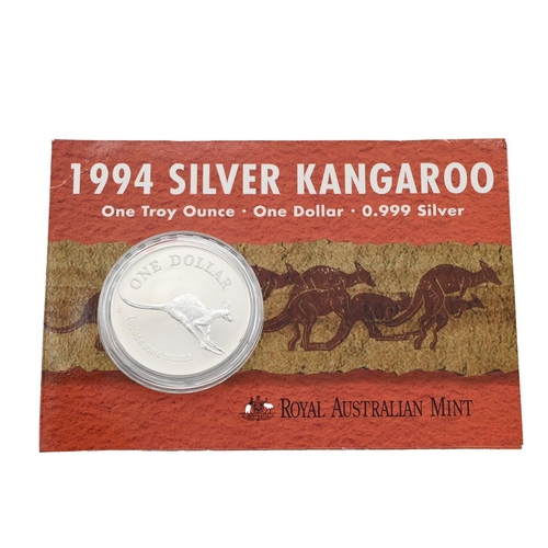 121 - 1994 Kangaroo 999 silver 1oz $1 Royal Australian Mint frosted uncirculated coin sealed in a sleeve.