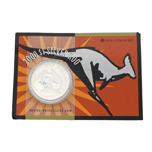 122 - 2000 Kangaroo 999 silver 1oz $1 Royal Australian Mint frosted uncirculated coin sealed in a sleeve.