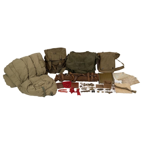 128 - Collection of military related Items including a U.S. map, buttons, badges and other Items.