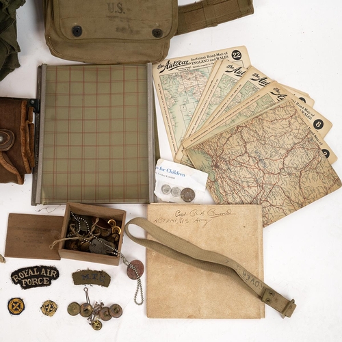 128 - Collection of military related Items including a U.S. map, buttons, badges and other Items.