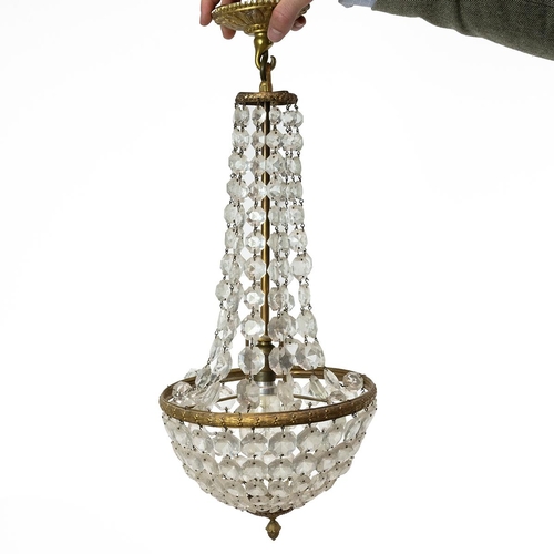 135 - Vintage chandeliers. One with three tiers of glass drops and gilt metal ring; the other a basket cha... 