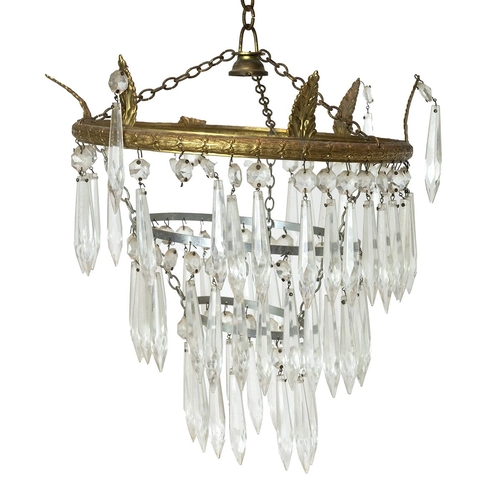 135 - Vintage chandeliers. One with three tiers of glass drops and gilt metal ring; the other a basket cha... 