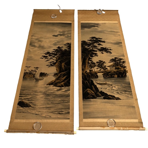 140 - A pair of Japanese birodo yuzen cut velvet hanging scroll pictures, early 20th Century, depicting la... 